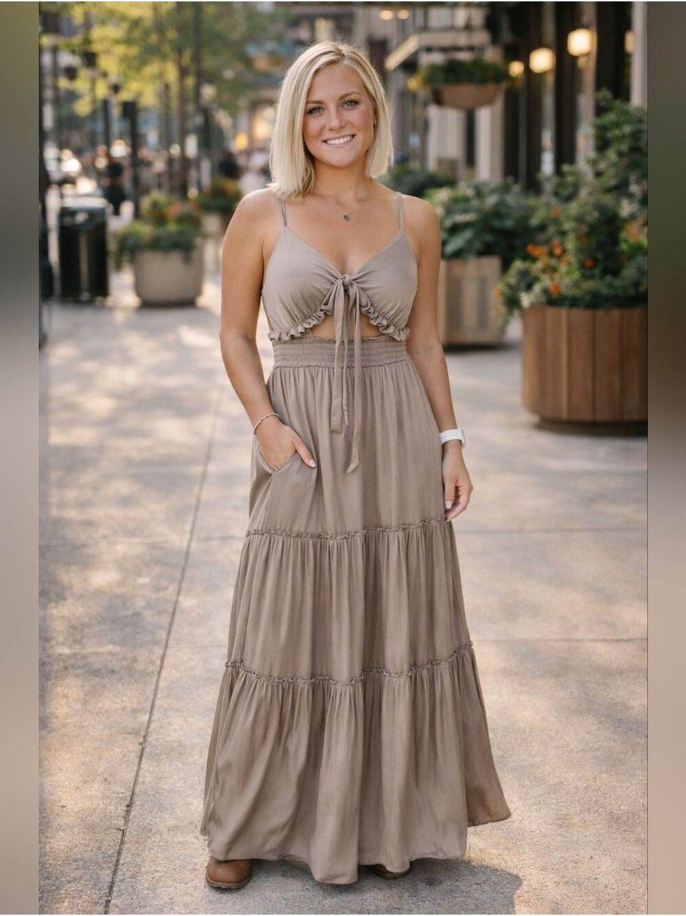Mustard Seed Boho Maxi Dress Small New Smocked Waist Tie Front Olive Taupe Flowy